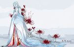  absurdly_long_hair blue_hair blue_kimono cherry_blossoms flower highres japanese_clothes kimono long_hair milk_ko original solo spider_lily symbolism very_long_hair 
