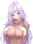  ahoge alternate_costume amidatto braid breasts brown_eyes granblue_fantasy hands_on_own_chest highres large_breasts lavender_hair long_hair looking_at_viewer open_mouth ribbed_sweater silva_(granblue_fantasy) silver_hair solo sweater tsurime turtleneck twin_braids very_long_hair yellow_eyes 