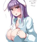  animal_ears between_breasts blush breasts bunny_ears heiya large_breasts long_hair open_clothes open_shirt purple_hair reisen_udongein_inaba shirt simple_background solo touhou translation_request white_background 