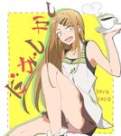  :d apron brown_eyes brown_hair character_name coffee cup dagashi_kashi endou_saya fang hair_ornament hairclip highres kasoku_(1217cat) long_hair open_mouth sanpaku sitting skirt smile solo tank_top teacup 