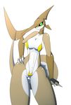  anthro bikini breasts claws clothed clothing female fin fingerless_gloves gloves green_eyes invalid_tag navel r-mk sling_bikini swimsuit tail_fin 