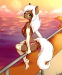  2015 amber_eyes anthro bikini breasts butt clothing equine female hair horse looking_at_viewer mammal my_little_pony one-piece_swimsuit pony side_boob sitting skecchiart solo sundae_(oc) sunset swimsuit white_hair 