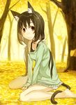  animal_ears autumn autumn_leaves bad_id bad_pixiv_id bangs bare_legs bare_shoulders barefoot bell bell_collar black_hair bottomless breasts brown_eyes cat_ears cat_tail cleavage collar from_side full_body hair_between_eyes kimura_(ykimu) light_smile long_hair looking_at_viewer low-tied_long_hair low_twintails medium_breasts off_shoulder original outdoors sitting sleeves_past_wrists solo sweater tail tareme tree twintails wariza 