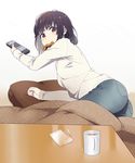  ass bangs black_hair blush brown_eyes brown_hair controller cup cushion denim drink food_in_mouth gradient holding kotatsu long_sleeves looking_at_viewer lying mattaku_mousuke mouth_hold mug on_floor on_side original pants pillow plastic_wrap polka_dot remote_control ribbed_sweater short_hair solo sweater table trash under_table 