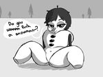  dialogue english_text female frozen looking_at_viewer monochrome not_furry outside snowman solo spreading text unknown_artist 