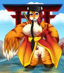  anthro areola breasts clothed clothing feline female invalid_tag japanese_clothing katana kimono legwear looking_at_viewer mammal melee_weapon nipples open_shirt outside puddingpaw pussy solo sword thick_thighs thigh_highs tiger weapon 