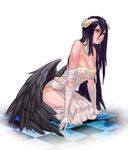  ahoge albedo bad_id bad_pixiv_id bare_shoulders black_hair black_wings breasts checkered checkered_floor cleavage demon_girl demon_horns detached_collar dress gloves highres hip_vent horns large_breasts long_hair looking_away overlord_(maruyama) parted_lips seiza shou_xun_bu_liang sitting solo very_long_hair white_gloves wings yellow_eyes 