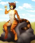  anthro cloud featureless_crotch feline girly looking_at_viewer male mammal navel nude outside puddingpaw sitting smile stripes tiger 