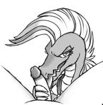  ambiguous_gender dick-diddler_(artist) duo eyelashes human interspecies krawk lady_frostbite_(character) looking_at_viewer male mammal mohawk monochrome neopets oral penis reptile scalie simple_background teeth tongue white_background 