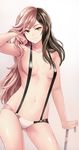  areola_slip areolae ass_visible_through_thighs banned_artist breasts brown_eyes brown_hair heterochromia highres long_hair looking_at_viewer medium_breasts multicolored_hair navel neo_(rwby) pink_eyes pink_hair reef rwby slingshot_swimsuit smile solo suspenders swimsuit 