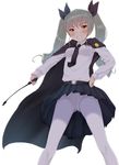  anchovy anzio_school_uniform bangs belt between_breasts black_cape black_neckwear black_ribbon blue_skirt blush breasts cameltoe cape collared_shirt crotch_seam drill_hair from_below girls_und_panzer green_hair grin hair_ribbon hand_on_hip highres holding kiyomin legs_apart long_hair long_sleeves looking_at_viewer miniskirt necktie necktie_between_breasts panties pantyhose pleated_skirt red_eyes ribbon riding_crop school_uniform shirt simple_background skirt smile solo standing twin_drills twintails underwear upskirt white_background white_legwear white_panties white_shirt 