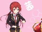  blush character_name commentary_request crown flat_chest joukamachi_no_dandelion long_hair low_twintails necktie open_mouth pink_background red_eyes red_hair sakurada_akane school_uniform solo tears tsuedzu twintails 