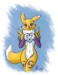  &lt;3 2016 anthro atticuskotch black_nose black_sclera blue_background blue_eyes clothing cute digimon english_text featureless_crotch female flat_chested fur gloves looking_at_viewer markings mostly_nude navel renamon signature simple_background smile solo text tuft white_background white_fur yellow_fur 