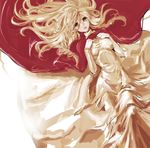  blonde_hair breasts brown_eyes cape dress expressionless final_fantasy final_fantasy_tactics hands_on_own_chest jolin0323 lips long_hair lying medium_breasts on_back ovelia_atkascha solo thigh_strap wavy_hair yellow_dress 