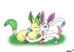  2015 duo eeveelution eyes_closed feral grass kyoushiro leafeon lying nintendo on_front one_eye_closed pok&eacute;mon simple_background sylveon video_games white_background 