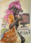  2012 anthro beverage black_fur breasts caprine clothed clothing computer dlost female food fray fur glass green_eyes hair inside long_hair mammal monitor pink_hair pink_nose robe sheep solo 