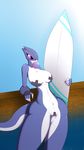  anthro breasts bubble_gum camel_toe claws female fish hammerhead_shark marine navel nipple_tape pasties purple_eyes r-mk shark surfboard 