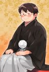  brown_eyes brown_hair checkered checkered_background glasses gradient gradient_background hakama haori highres japanese_clothes male_focus new_year original pom_pom_(clothes) simple_background sitting smile solo tanaka_(tanakasunsun) 