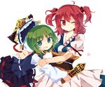  commentary_request green_eyes green_hair hat hat_removed headwear_removed heart imminent_hug looking_at_viewer multiple_girls one_eye_closed onozuka_komachi open_mouth red_eyes red_hair rod_of_remorse shiki_eiki simple_background smile to-den_(v-rinmiku) touhou two_side_up white_background 