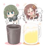  &gt;_&lt; alcohol beer blush brown_hair carrying celebi_ryousangata chibi closed_eyes cup green_eyes hair_ornament hairclip heterochromia himekawa_yuki idolmaster idolmaster_cinderella_girls long_hair mole mole_under_eye mug multiple_girls open_mouth partially_translated pun sake smile takagaki_kaede translation_request 