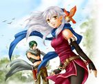  1girl artist_request bangle bare_shoulders bird black_gloves black_legwear blue_scarf boots bracelet dress elbow_gloves fingerless_gloves fire_emblem fire_emblem:_akatsuki_no_megami gloves green_hair hair_ribbon half_updo jewelry long_hair micaiah midriff pants pantyhose ribbon scarf side_slit silver_hair sleeveless sleeveless_dress smile sothe white_scarf yellow_eyes yune 