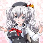  :d alternate_costume backpack bag beret bow cosplay dress hat kantai_collection kashima_(kantai_collection) kasumi_(kantai_collection) kasumi_(kantai_collection)_(cosplay) looking_at_viewer open_mouth pinafore_dress randoseru remodel_(kantai_collection) school_uniform silver_eyes silver_hair smile solo tk8d32 two_side_up 