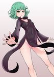  ass_visible_through_thighs bad_deviantart_id bad_id bare_legs black_dress breasts collarbone covered_navel curly_hair drakente dress expressionless green_eyes green_hair grey_background groin highres looking_at_viewer no_panties one-punch_man outstretched_hand partially_visible_vulva short_hair side_slit simple_background skin_tight small_breasts solo tatsumaki 