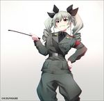  anchovy anzio_military_uniform armband bandolier bangs belt black_shirt brown_eyes commentary_request dress_shirt drill_hair epaulettes fatigues girls_und_panzer green_hair grey_jacket grey_pants grin hair_between_eyes hair_ribbon hand_on_hip jacket kei-suwabe long_sleeves military military_uniform necktie pants ribbon riding_crop shirt shoulder_belt smile solo twin_drills twintails twitter_username uniform 