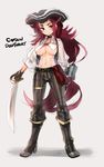  belt boots breasts captain_deepthroat character_name choker covered_nipples cutlass_(sword) gloves hat knee_boots large_breasts long_hair midriff mole mole_under_mouth naso4 navel no_bra original pirate pirate_hat pouch red_hair solo sword underboob underwear very_long_hair weapon 