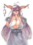  breasts cleavage danua draph eu03 granblue_fantasy highres horns huge_breasts looking_at_viewer purple_eyes solo traditional_media watercolor_(medium) 