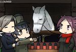  alternate_costume animal arare_(kantai_collection) black_hair blush_stickers brown_hair carrot chitose_(kantai_collection) closed_eyes coat commentary dated hamu_koutarou hat headband horse jun'you_(kantai_collection) kantai_collection multiple_girls overcoat purple_hair scarf spiked_hair translated 