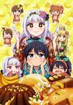  6+girls afuu animal_costume antenna_hair banana black_hair blonde_hair brown_hair chibi chibi_inset chibiki food fruit futami_ami futami_mami ganaha_hibiki green_eyes hairband hiiringu hoshii_miki idolmaster idolmaster_(classic) japanese_clothes kimono long_hair monkey_costume multiple_girls ponytail puchimasu! purple_eyes shijou_takane short_hair siblings side_ponytail silver_hair sisters takanya takatsuki_yayoi three_monkeys twins twintails 