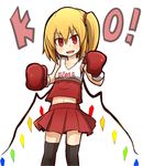  :d alternate_costume black_legwear blonde_hair blush boxing boxing_gloves clothes_writing commentary_request cowboy_shot eyebrows eyebrows_visible_through_hair fangs flandre_scarlet hair_between_eyes highres jpeg_artifacts kumo_(atm) looking_at_viewer open_mouth red_eyes short_hair side_ponytail simple_background sleeveless smile solo standing thighhighs touhou white_background wings zettai_ryouiki 