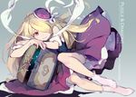  bare_shoulders blonde_hair character_name copyright_name dress hair_over_one_eye hat hat_ribbon highres long_hair looking_at_viewer lying on_side pandora_(p&amp;d) purple_dress puzzle_&amp;_dragons red_eyes ribbon short_sleeves socks solo tennohi treasure_chest very_long_hair 