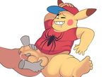  ahegao anthro anthrofied arm_up ball_grab balls barefoot baseball_cap bottomless clenched_teeth clothing disembodied_hand drooling duo erection eroborus front_view handjob hat mammal nintendo one_eye_closed overweight penis pikachu plantigrade pok&eacute;mon precum precum_string reclining rodent saliva shirt sitting solo_focus spread_legs spreading teeth uncut video_games 