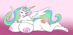  2016 anthro anthrofied areola big_breasts breasts cutie_mark equine ethanqix female friendship_is_magic hair half-closed_eyes horn huge_breasts long_hair looking_at_viewer lying mammal multicolored_hair my_little_pony nipples nude on_side princess_celestia_(mlp) solo winged_unicorn wings 