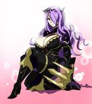  breasts camilla_(fire_emblem_if) cleavage fire_emblem fire_emblem_if gloves hair_over_one_eye highres large_breasts long_hair looking_at_viewer matsu-sensei purple_eyes purple_hair sitting smile solo 