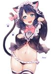  :3 :d animal_ears artist_name bad_id bad_pixiv_id bangs bell black_panties blue_eyes blush bow bowtie cat_ears cat_tail cowboy_shot curly_hair cyan_(show_by_rock!!) eyebrows eyebrows_visible_through_hair fang frills hairband jingle_bell long_hair long_sleeves looking_at_viewer mery_(apfl0515) navel no_pants open_mouth panties paw_pose paw_print pink_bow pink_neckwear pink_ribbon ribbon show_by_rock!! simple_background smile solo stomach striped striped_legwear swept_bangs tail tail_bow thigh_gap thighhighs underwear white_background 