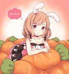  1girl 3: animal_ears animal_print bad_id bad_pixiv_id bare_arms bare_shoulders blush breasts brown_hair bunny_ears bunny_print carrot_pillow choker cleavage commentary_request crossed_arms dress hair_ribbon highres looking_at_viewer maki_(natoriumu) medium_breasts multicolored multicolored_clothes multicolored_dress original print_dress red_eyes ribbon sleeveless sleeveless_dress solo strapless strapless_dress tress_ribbon 