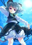  :3 animal_ears bloomers blue_sky cloud day dowsing_rod gem grey_hair iris_anemone jewelry long_sleeves looking_up mouse_ears mouse_tail nazrin necklace outstretched_arm pendant pink_eyes red_eyes shirt short_hair skirt skirt_set sky smile solo sun sunlight tail touhou underwear upskirt vest 