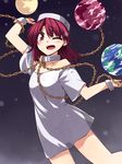  ;d alternate_costume chain collar commentary_request earrings earth hat hecatia_lapislazuli hemogurobin_a1c jewelry moon naked_shirt one_eye_closed open_mouth polos_crown red_eyes red_hair shirt smile solo touhou wrist_cuffs 