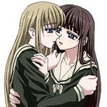  bangs blonde_hair blunt_bangs blush brown_hair couple hand_on_another's_arm holding imminent_kiss kubo_shiori long_hair lowres maria-sama_ga_miteru multiple_girls oekaki profile sanshita satou_sei school_uniform serafuku upper_body white_background yuri 