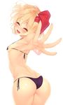  ^_^ ^o^ ass bare_back bikini black_bikini blush breasts butt_crack closed_eyes cowboy_shot eyebrows eyebrows_visible_through_hair fang hair_ribbon micro_bikini nose_blush open_mouth outstretched_arms palms red_ribbon ribbon rukitsura rumia side-tie_bikini sideboob simple_background small_breasts smile solo standing swimsuit tooth touhou white_background 