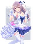  blush breasts character_name chestnut_mouth cleavage dress drill_hair gloves grey_hair idolmaster idolmaster_cinderella_girls idolmaster_cinderella_girls_starlight_stage long_hair looking_at_viewer medium_breasts open_mouth purple_eyes sakakibara_satomi solo starry_sky_bright thighhighs toreso twin_drills twintails 