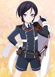  armor black_gloves black_hair gloves hand_on_hip ikeda_jun_(aquaqua) japanese_armor labcoat male_focus military military_uniform necktie petals purple_eyes scissors shorts shoulder_armor smile sode solo touken_ranbu uniform yagen_toushirou 