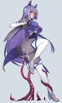  bad_id bad_pixiv_id blue_eyes blush boots breasts clenched_teeth cum cum_on_ass elbow_gloves gloves hijiri large_breasts leg_grab long_hair mechanical_ears purple_hair simple_background solo teeth tentacles thigh_boots thighhighs very_long_hair weapon 