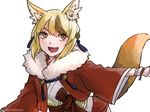  animal_ears blonde_hair brown_hair fang fire_emblem fire_emblem_if fox_ears fox_tail fur_trim kinu_(fire_emblem_if) kumakosion multicolored_hair open_mouth simple_background smile solo tail two-tone_hair white_background yellow_eyes 