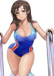  absurdres ameyame blush breasts brown_eyes brown_hair cleavage competition_swimsuit highres idolmaster idolmaster_cinderella_girls idolmaster_cinderella_girls_starlight_stage large_breasts long_hair nitta_minami one-piece_swimsuit pool_ladder simple_background smile solo swimsuit wet white_background 
