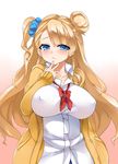  asymmetrical_hair bad_id bad_pixiv_id blonde_hair blue_eyes blush bow breasts cardigan covered_nipples galko large_breasts long_hair looking_at_viewer one_side_up oshiete!_galko-chan school_uniform side_bun solo yostxxx 