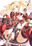  armor banned_artist blonde_hair blue_eyes breasts cameltoe fay_(fay_axl) gauntlets granblue_fantasy greaves highres large_breasts long_hair looking_at_viewer navel parted_lips polearm solo twintails weapon zeta_(granblue_fantasy) 